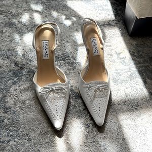 White Leather Pointed Toe Slingback Heels